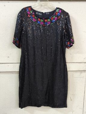 Vintage Sequin Black Shift Dress with Multicolor Beaded Collar